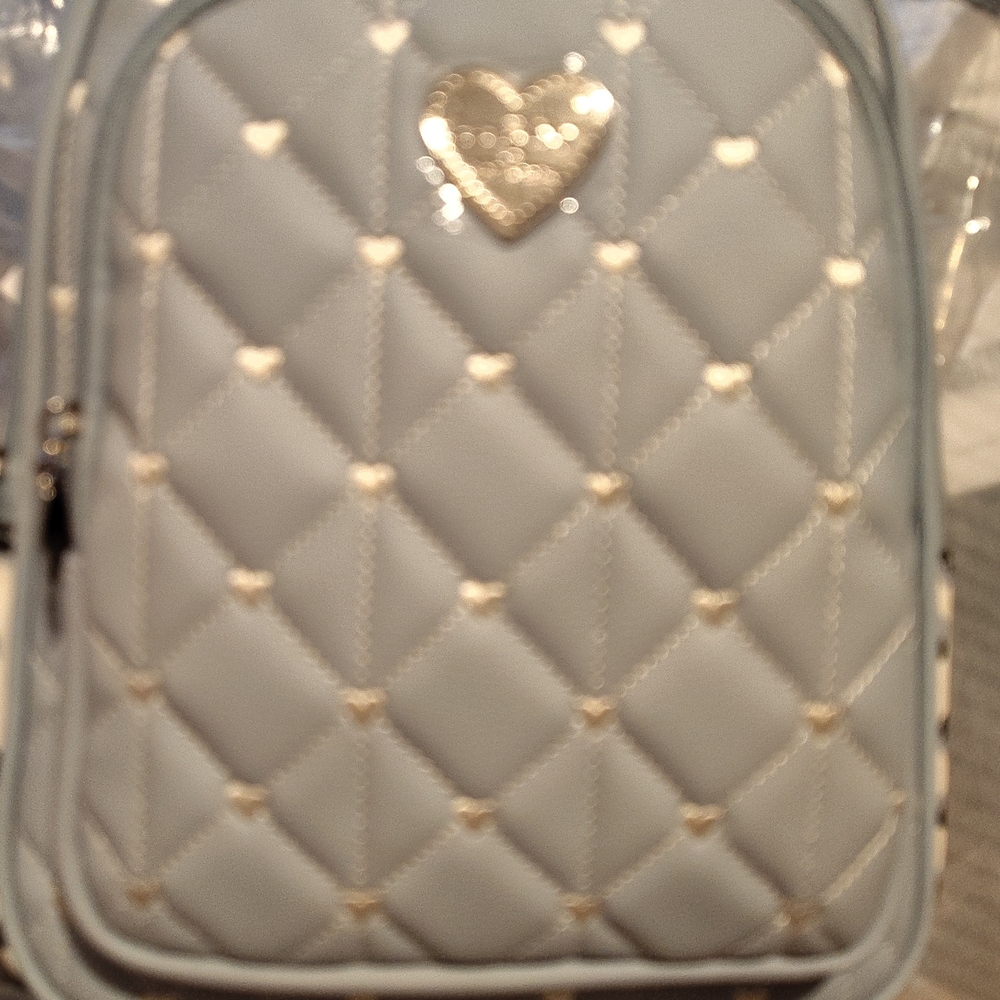 Betsey Johnson Quilted Heart Accent Backpack in Light Gray with Gold Hardware
